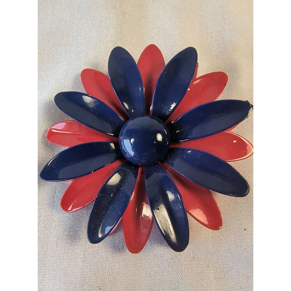 Vintage Red & Blue Enamel Flower Brooch Pin Retro 1960s Style Metal Jewelry Acce